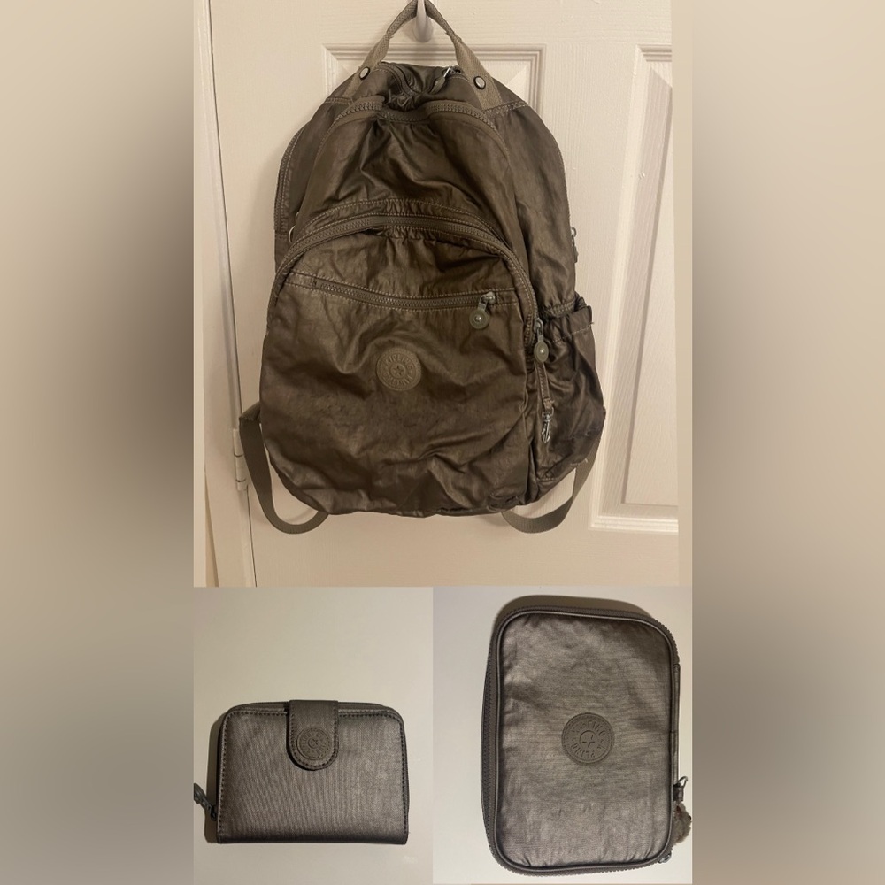 Kipling metallic Large Sized bookbag, pencil case, and wallet set.